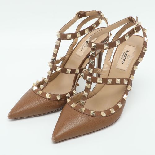Rockstud Caged Size 37 Metallic Gold Leather Ankle Strap Pumps - Valentino - Modalova