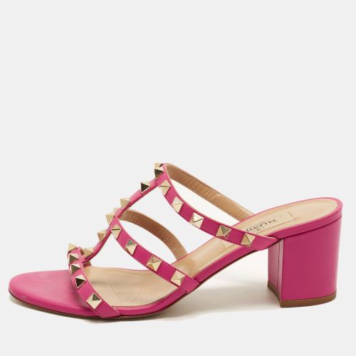 Rockstud Size 37 Leather Block Heel Ankle Strap Slide Sandals - Valentino - Modalova