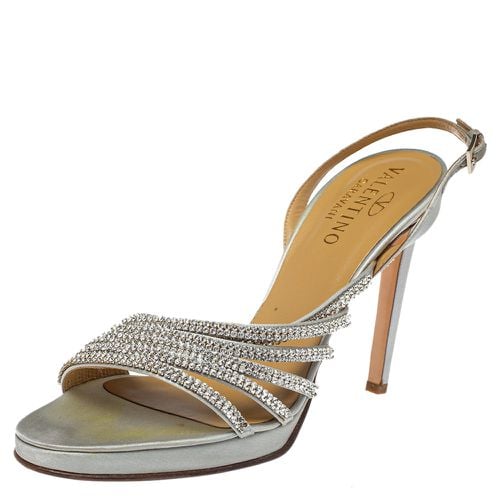 Valentino Light Grey Satin Crystal Embellished Slingback Sandals Size 39.5 - Valentino - Modalova