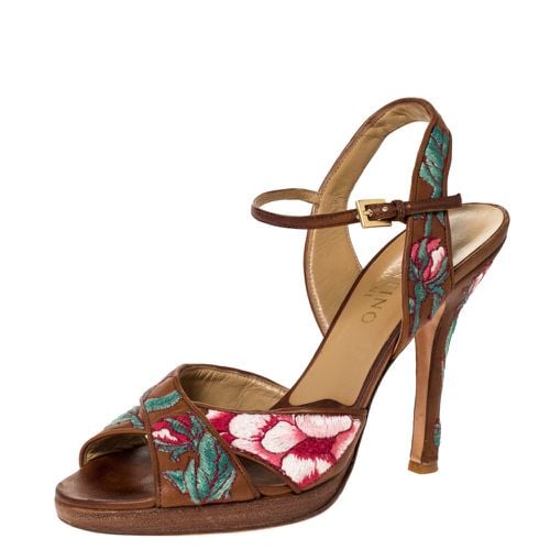 Valentino Brown Leather Embroidered Ankle Strap Sandals Size 39.5 - Valentino - Modalova