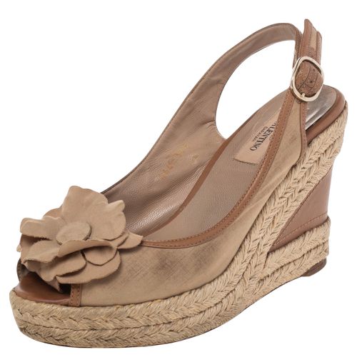 Valentino Beige Fabric And Leather Flower Platform Espadrille Wedge Slingback Sandals Size 37.5 - Valentino - Modalova