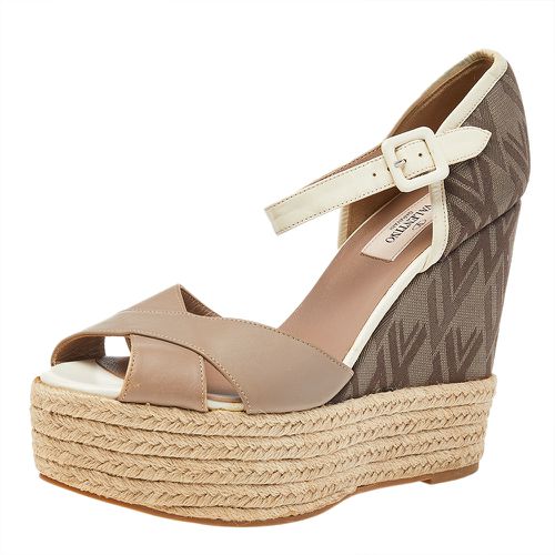 Valentino Beige/Brown Leather And Fabric Wedge Platform Espadrille Sandals Size 39.5 - Valentino - Modalova