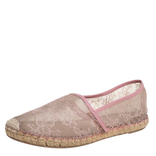 Valentino Beige/Pink Leather And Lace Espadrilles Flats Size 40 - Valentino - Modalova