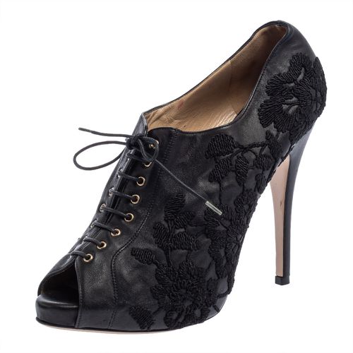 Valentino Black Leather Floral Embroidered Peep Toe Ankle Booties Size 40 - Valentino - Modalova