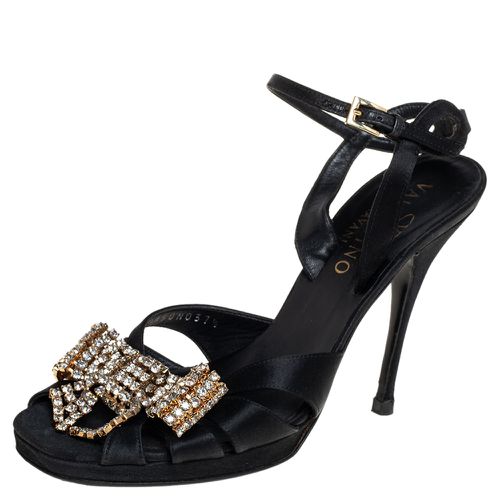 Valentino Black Satin Bow Crystal Embellished Ankle strap Sandals Size 37 - Valentino - Modalova