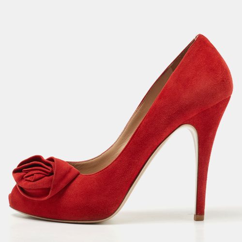 Valentino Red Suede Rose Peep Toe Pumps Size 39.5 - Valentino - Modalova