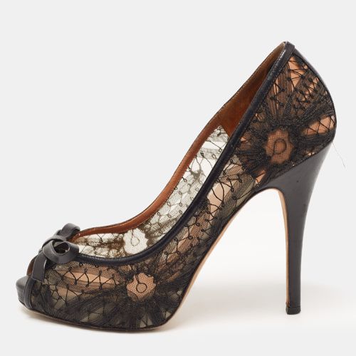 Valentino Black Lace and Leather Bow Peep Toe Pumps Size 39 - Valentino - Modalova