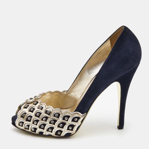 Valentino Navy Blue /Gold Suede and Leather Embellished Pumps Size 37 - Valentino - Modalova