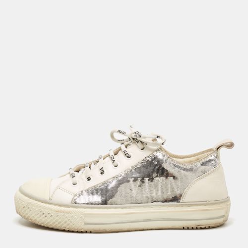 Valentino Silver/White Leather and Sequins Lace Up Sneakers Size 36 - Valentino - Modalova