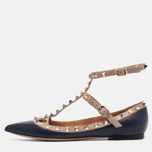 Valentino Navy Blue/Beige Leather Rockstud Caged Ballet Flats Size 36 - Valentino - Modalova