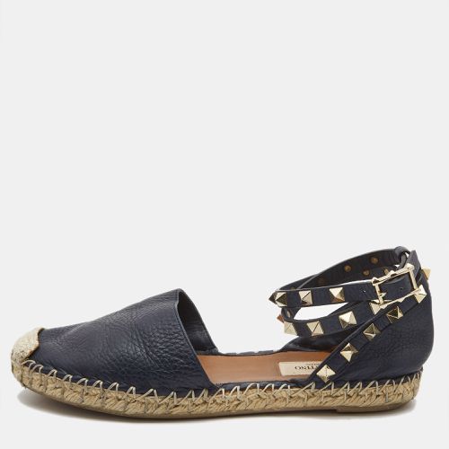 Valentino Navy Blue Leather Rockstud Ankle Strap Espadrilles Size 35 - Valentino - Modalova