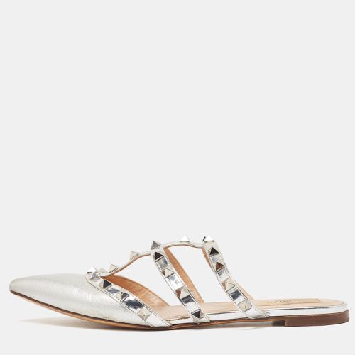 Valentino Silver Leather Rockstud Flat Mules Size 37 - Valentino - Modalova