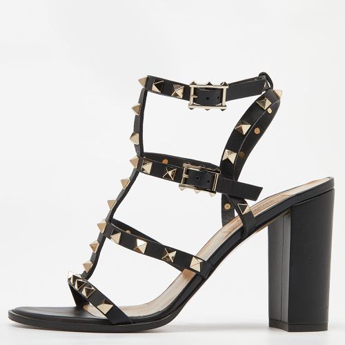 Valentino Black Leather Rockstud Ankle Strap Block Heel Sandals Size 38.5 - Valentino - Modalova