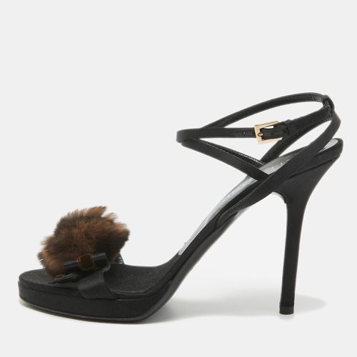 Valentino Black Satin Fur Bow Ankle Strap Sandals Size 38 - Valentino - Modalova