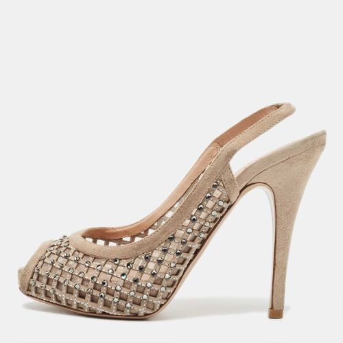 Valentino Beige Crystal Embellished Suede and Mesh Peep Toe Slingback Pumps Size 36.5 - Valentino - Modalova