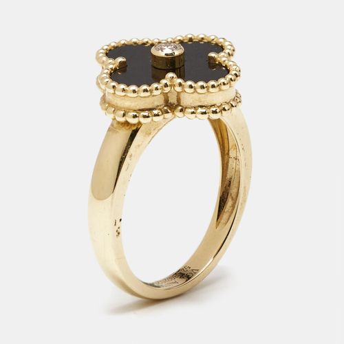 Vintage Alhambra Diamond Onyx 18k Gold Ring Size 52 - Van Cleef & Arpels - Modalova