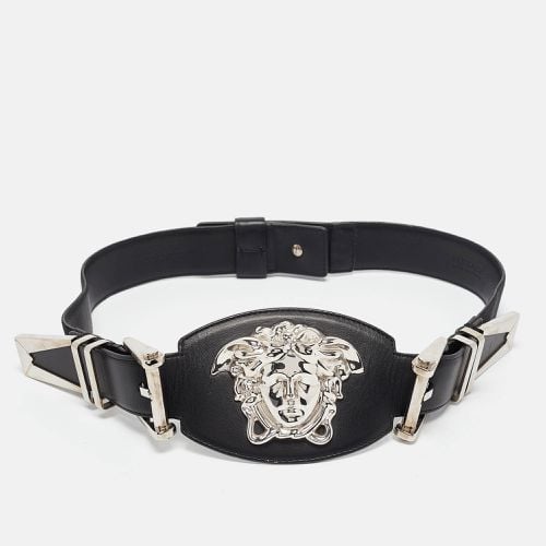 Versace Black Leather and Canvas Medusa Buckle Wide Belt 85CM - Versace - Modalova