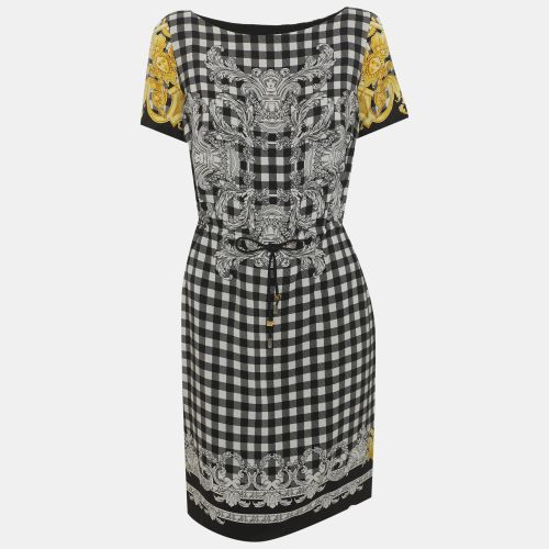 White Plaid Baroque Printed Crepe Drawstring Dress S - Versace - Modalova