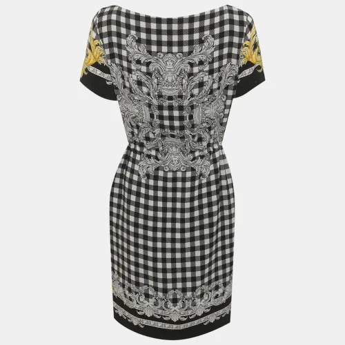 White Plaid Baroque Printed Crepe Drawstring Dress S - Versace - Modalova