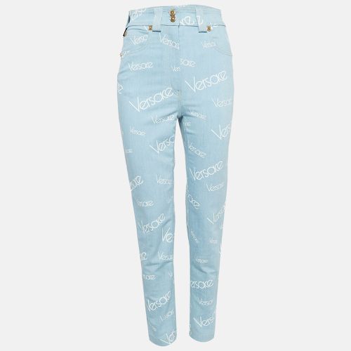 Versace Light Blue Logo All Over Print Denim Skinny Jeans S Waist 27" - Versace - Modalova