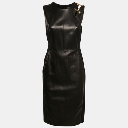 Versace Black Leather and Jersey Sleeveless Brooch Detail Bodycon Dress M - Versace - Modalova