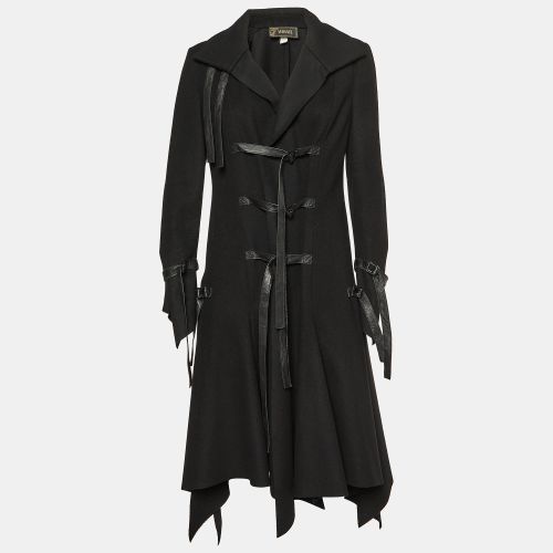 Versace Black Wool Leather Strap Detail Flared Coat M - Versace - Modalova