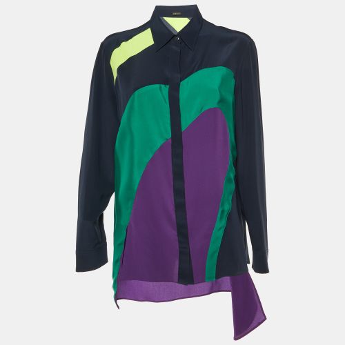 Versace Navy Blue Color Block Silk Asymmetric Shirt L - Versace - Modalova