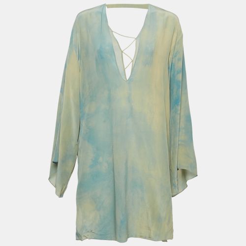 Versace Blue Abstract Print Silk Lace-Up Mini Dress L - Versace - Modalova