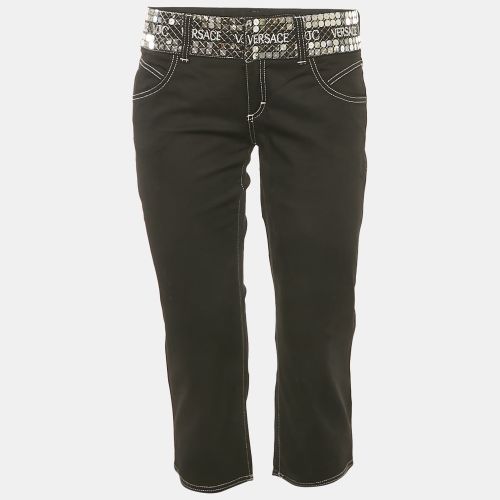 Versace Black Gabardine Cotton Waist Sequin Detail Capri Pants M - Versace - Modalova