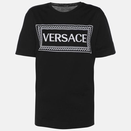 Versace Black Logo Embroidery Cotton Crew Neck T-Shirt M - Versace - Modalova