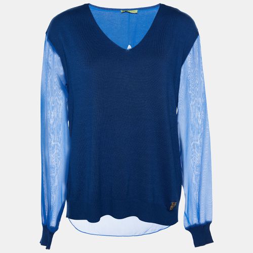 Versace Blue Knit & Chiffon Paneled V-Neck Jumper XXS - Versace - Modalova