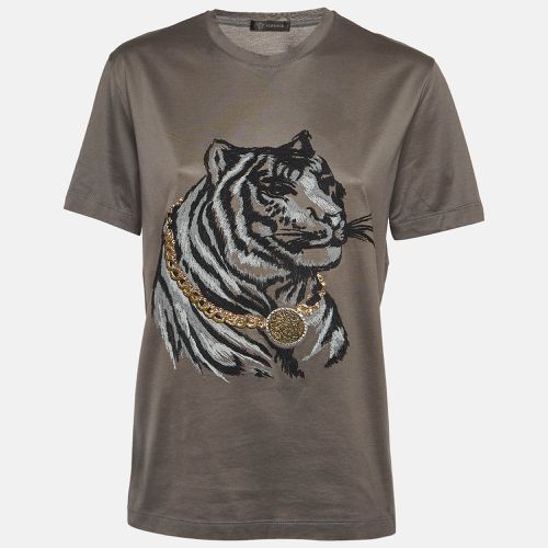 Versace Grey Tiger Embroidered Jersey Crew Neck T-Shirt M - Versace - Modalova