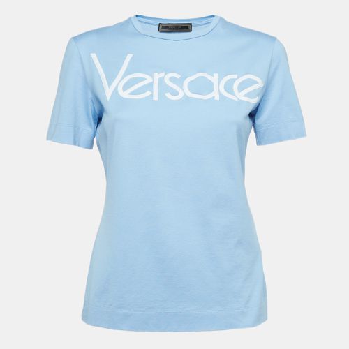 Versace Blue Embroidered Cotton Knit Tshirt XS - Versace - Modalova