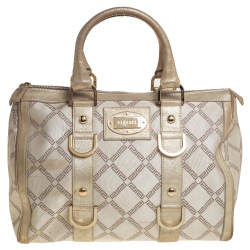 Versace Metallic Gold/Cream Signature Canvas and Leather Snap Out Of It Satchel - Versace - Modalova