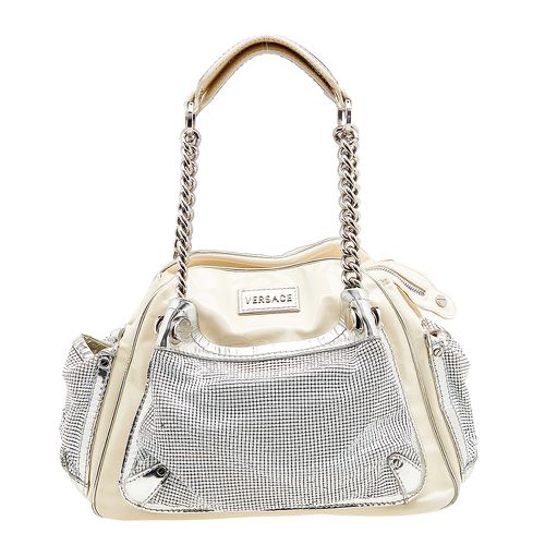 Versace Cream/Sliver Patent Leather And Metallic Mesh Chain Link Satchel - Versace - Modalova