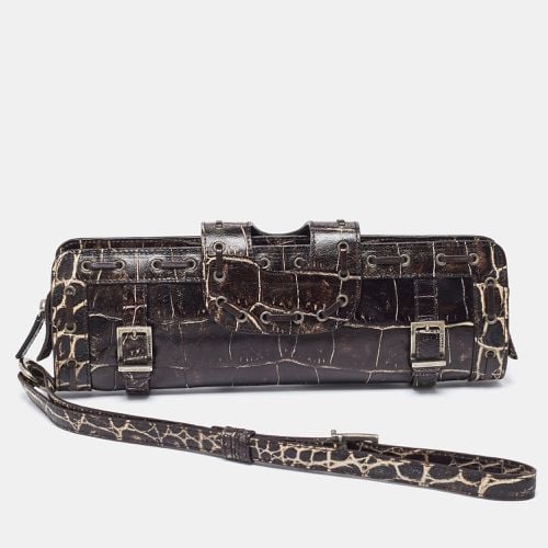 Versace Brown Croc Embossed Leather Wristlet Clutch - Versace - Modalova