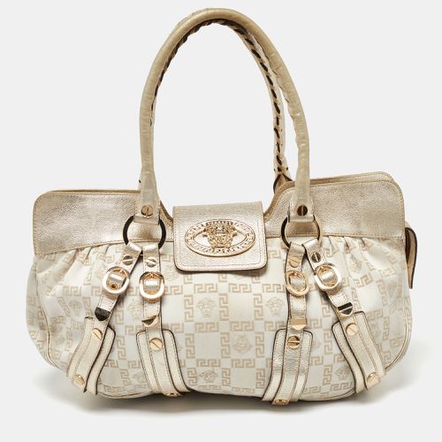 Versace Beige/Gold Signature Canvas and Leather Medussa Buckle Satchel - Versace - Modalova