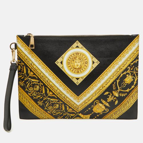 Versace Black Leather Baroque Medusa Print Wristlet Pouch - Versace - Modalova