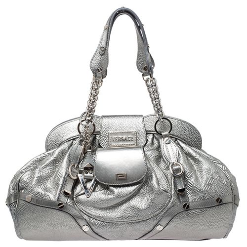 Versace Metallic Silver Leather Chain Link Satchel - Versace - Modalova