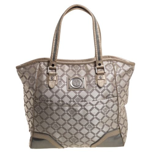 Versace Beige Monogram Fabric and Croc Embossed Leather Tote - Versace - Modalova