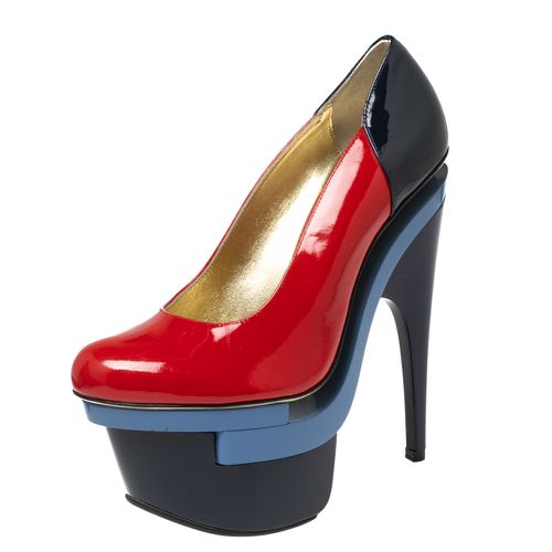 Versace Red/Navy Blue Patent Leather Triple Platform Sky High Pumps Size 37 - Versace - Modalova