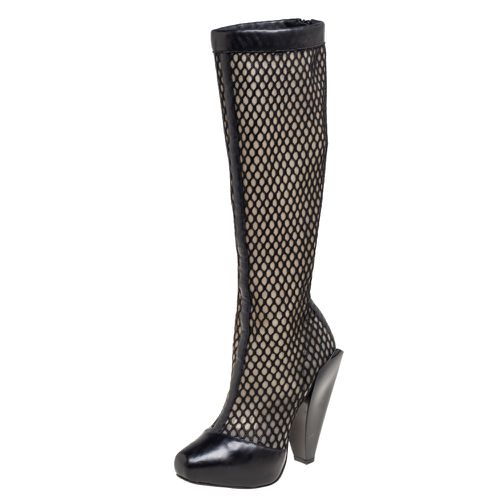 Versace Black Leather And Mesh Pointed Toe Knee Length Boots Size 36 - Versace - Modalova