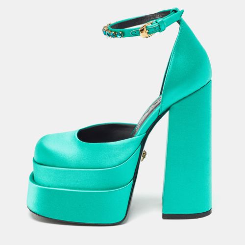 Versace Green Satin Aevitas Block Heel Ankle Strap Pumps Size 35.5 - Versace - Modalova