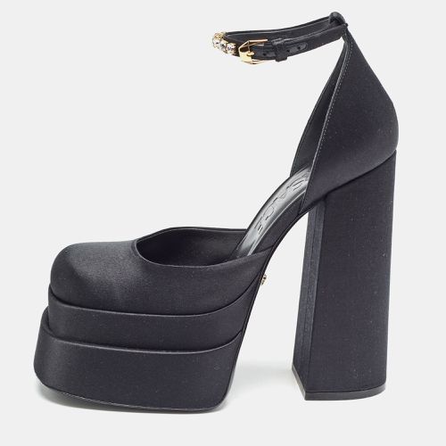 Versace Black Satin Aevitas Crystal Embellished Platform Block Heel Ankle Strap Pumps Size 39 - Versace - Modalova