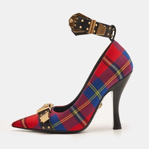 Versace Multicolor Check Canvas Medusa Pointed Toe Ankle Strap Pumps Size 38 - Versace - Modalova