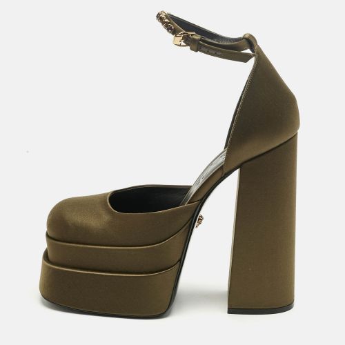 Versace Dark Green Satin D'orsay Crystal Embellish Platform Pumps Size 40 - Versace - Modalova