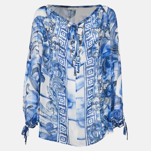 Versace Collection White/Blue Printed Chiffon Lace-Up Top M - Versace Collection - Modalova