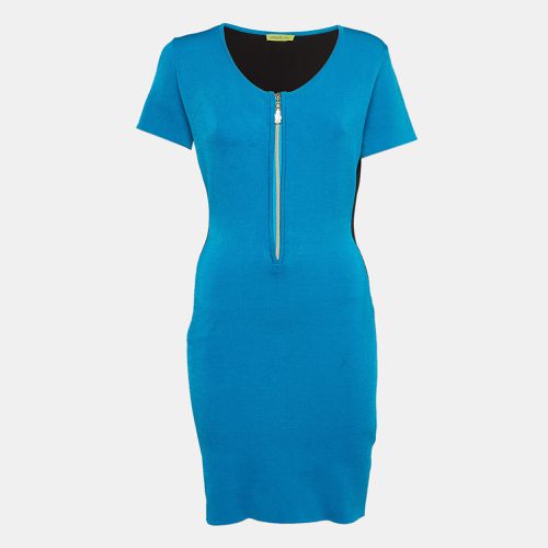 Versace Jeans Blue/Black Stretch Knit Zip-Up Sheath Dress L - Versace Jeans - Modalova