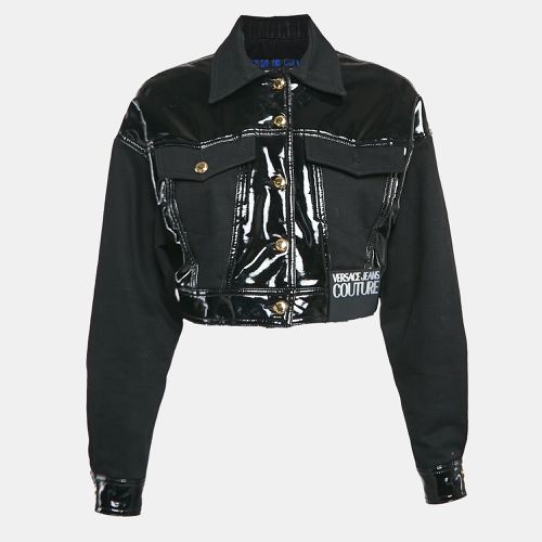 Versace Jeans Couture Black Logo Applique Faux Leather and Denim Crop Jacket XS - Versace Jeans Couture - Modalova