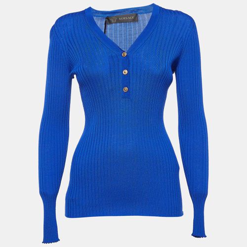 Versace Blue Rib Knit Wool Full Sleeves Button Detail Sweater M - Versace - Modalova